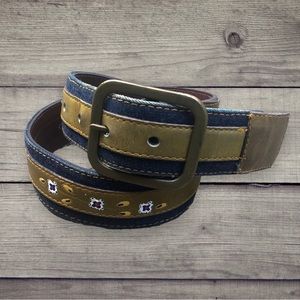 Vintage TexTan Denim Leather Contrast Stitch Painted Floral Leather Belt 28